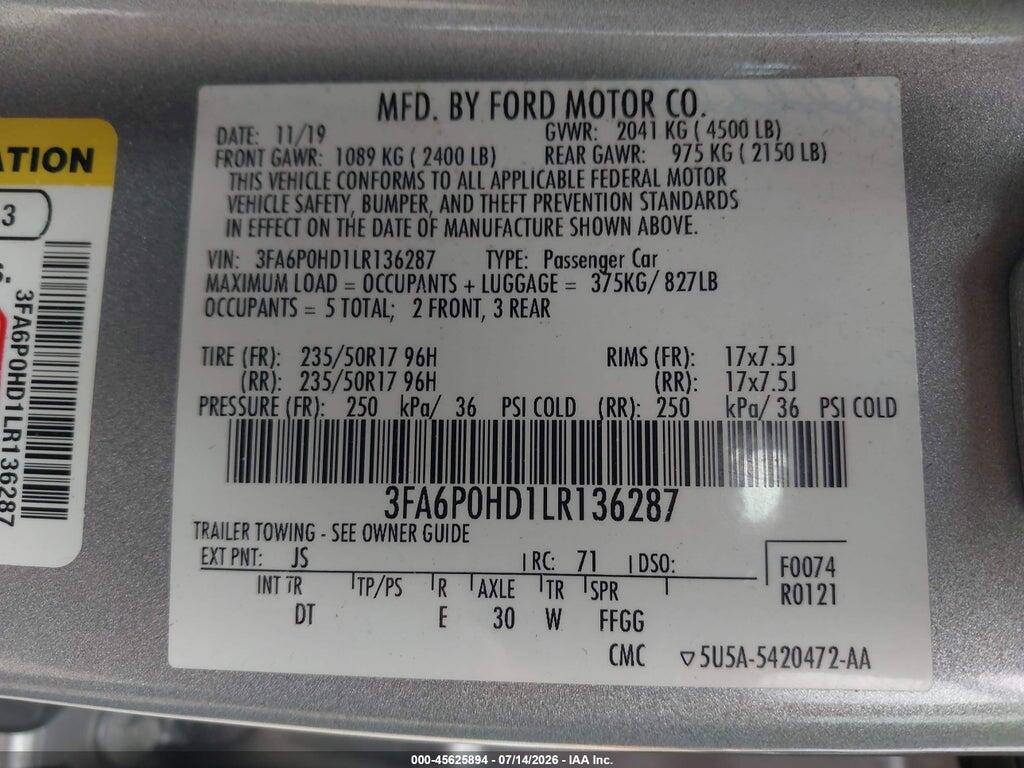 3FA6P0HD1LR136287 2020 FORD FUSION photo no. 9