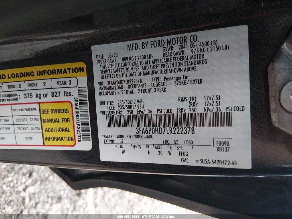 3FA6P0HD7LR222378 2020 FORD FUSION photo no. 9