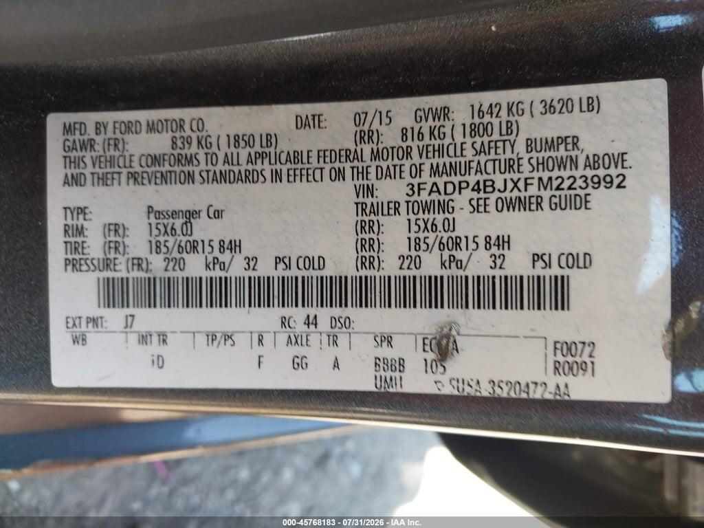 3FADP4BJXFM223992 2015 FORD FIESTA photo no. 9