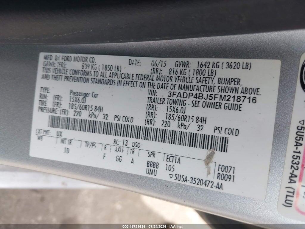 3FADP4BJ5FM218716 2015 FORD FIESTA photo no. 9