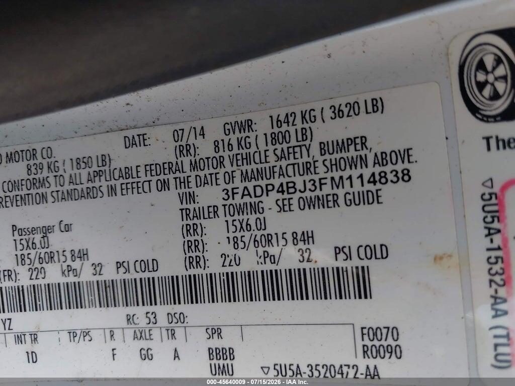 3FADP4BJ3FM114838 2015 FORD FIESTA photo no. 9