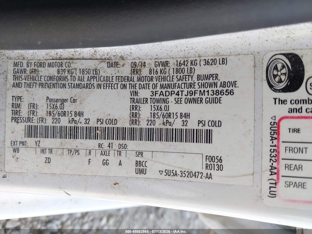 3FADP4TJ9FM138656 2015 FORD FIESTA photo no. 9