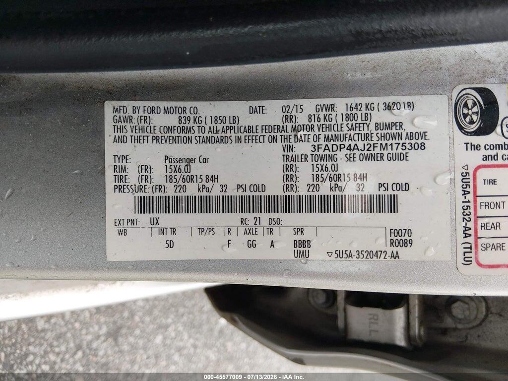 3FADP4AJ2FM175308 2015 FORD FIESTA photo no. 9