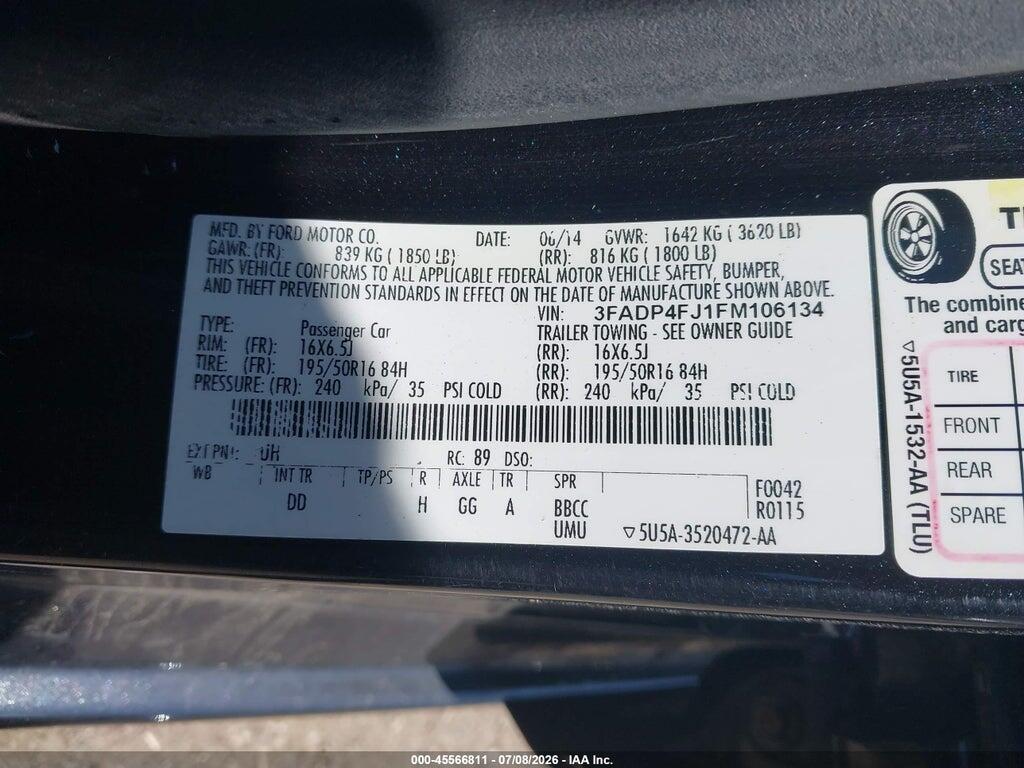 3FADP4FJ1FM106134 2015 FORD FIESTA photo no. 9