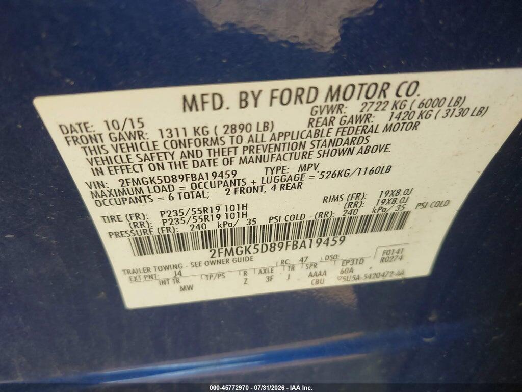 2FMGK5D89FBA19459 2015 FORD FLEX photo no. 9