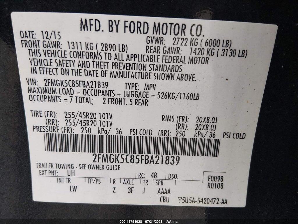 2FMGK5C85FBA21839 2015 FORD FLEX photo no. 9