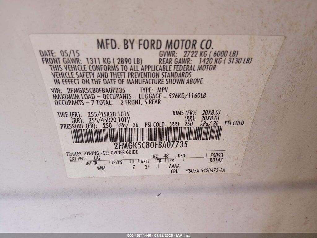 2FMGK5C80FBA07735 2015 FORD FLEX photo no. 9