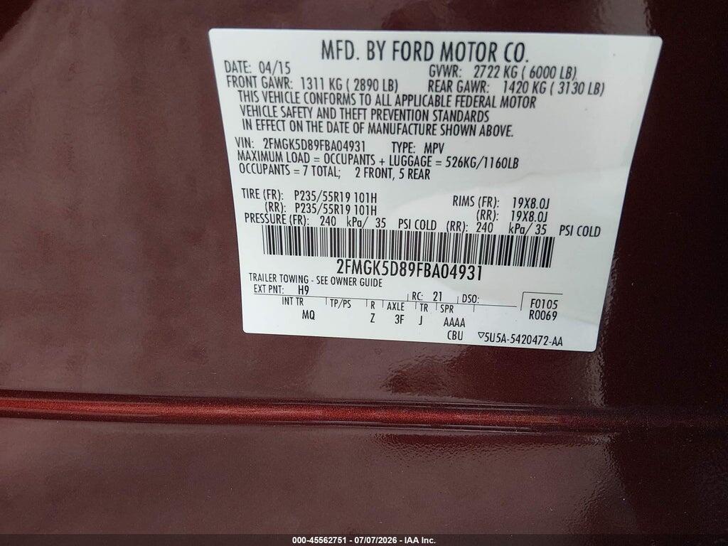 2FMGK5D89FBA04931 2015 FORD FLEX photo no. 9