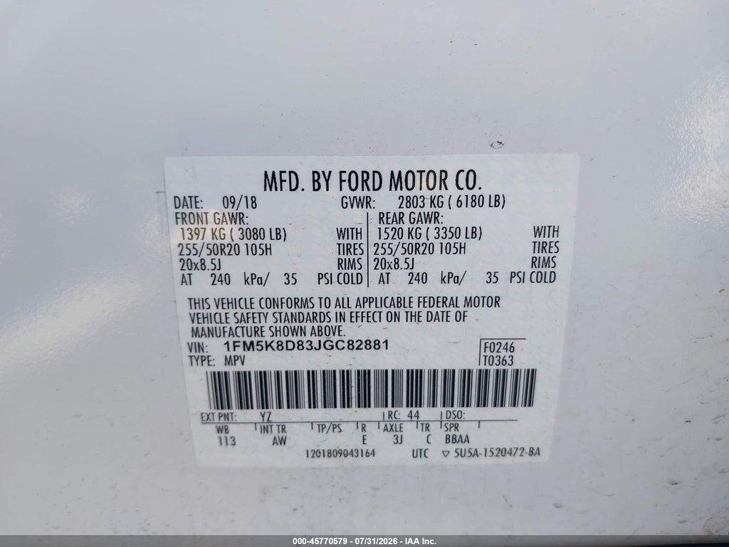 1FM5K8D83JGC82881 2018 FORD EXPLORER photo no. 9