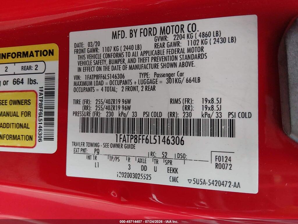 1FATP8FF6L5146306 2020 FORD MUSTANG photo no. 9