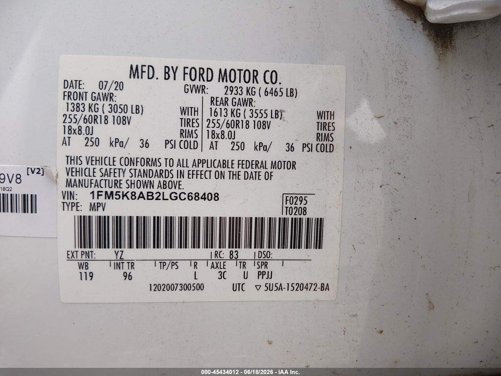 1FM5K8AB2LGC68408 2020 FORD POLICE INTERCEPTOR UTILITY photo no. 9
