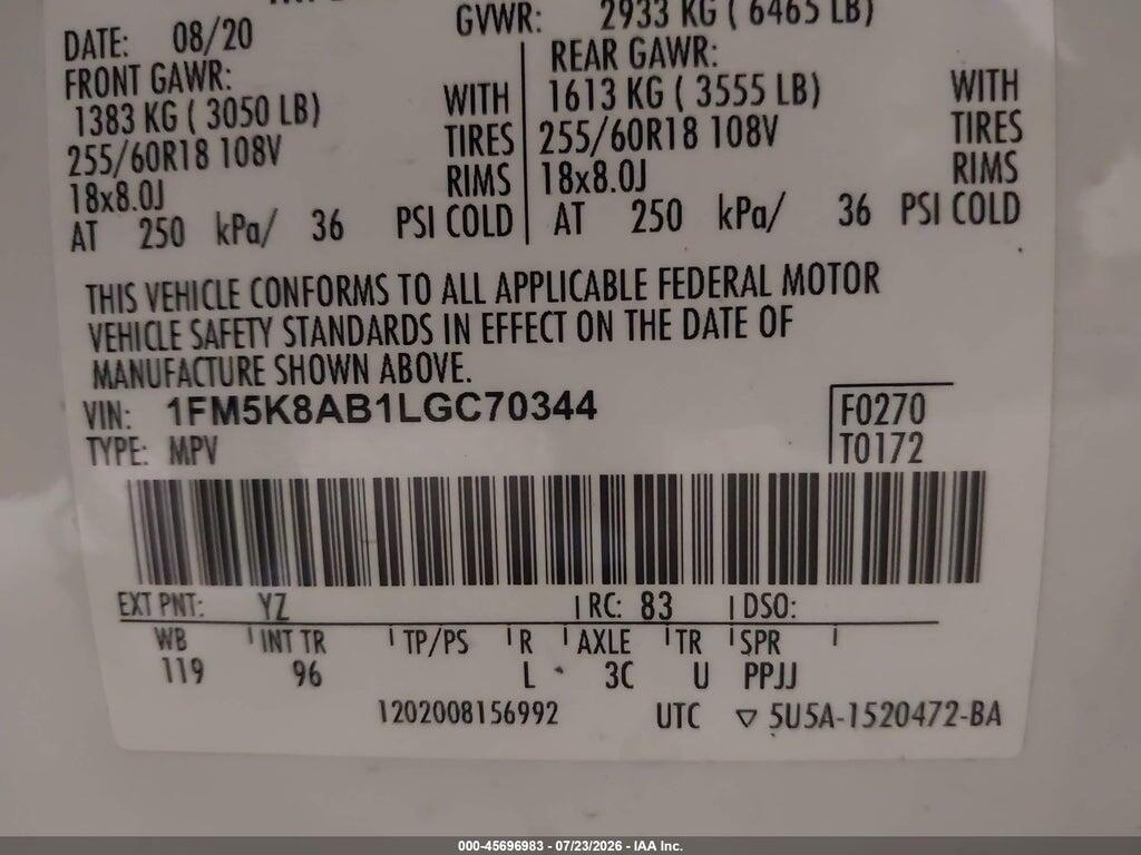 1FM5K8AB1LGC70344 2020 FORD POLICE INTERCEPTOR UTILITY photo no. 9