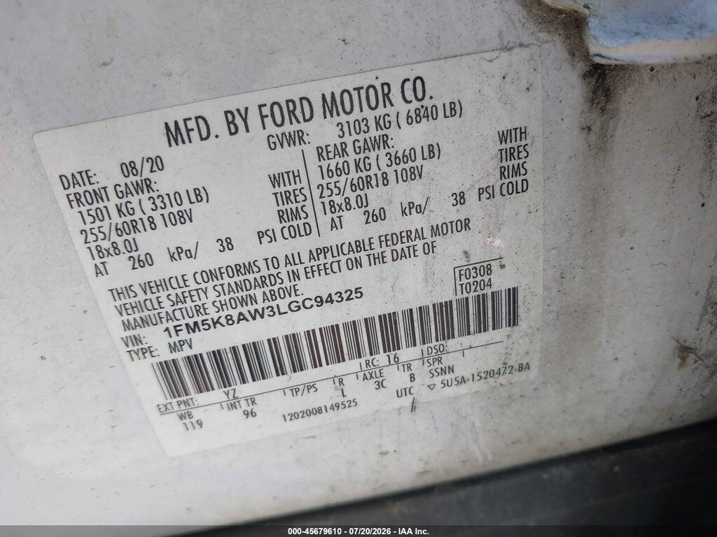 1FM5K8AW3LGC94325 2020 FORD POLICE INTERCEPTOR UTILITY photo no. 9