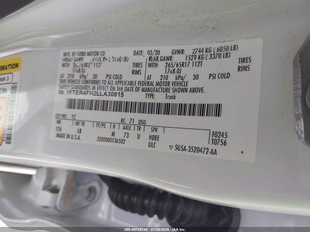 1FTER4FH2LLA30815 2020 FORD RANGER photo no. 9