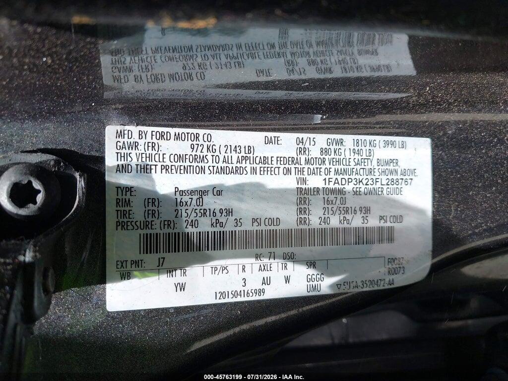 1FADP3K23FL288767 2015 FORD FOCUS photo no. 9