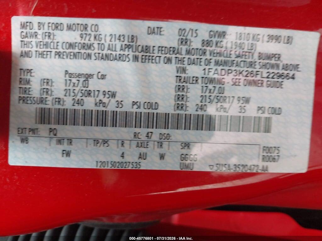 1FADP3K26FL229664 2015 FORD FOCUS photo no. 9