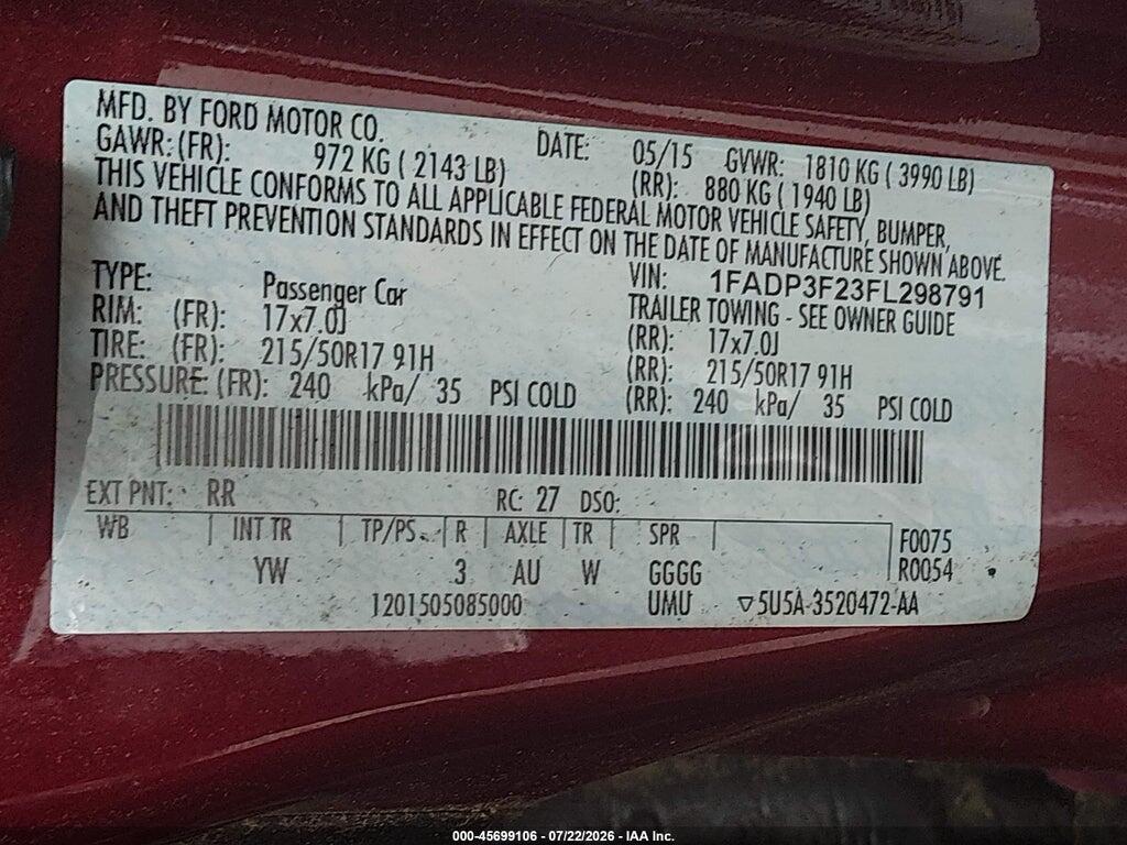 1FADP3F23FL298791 2015 FORD FOCUS photo no. 9
