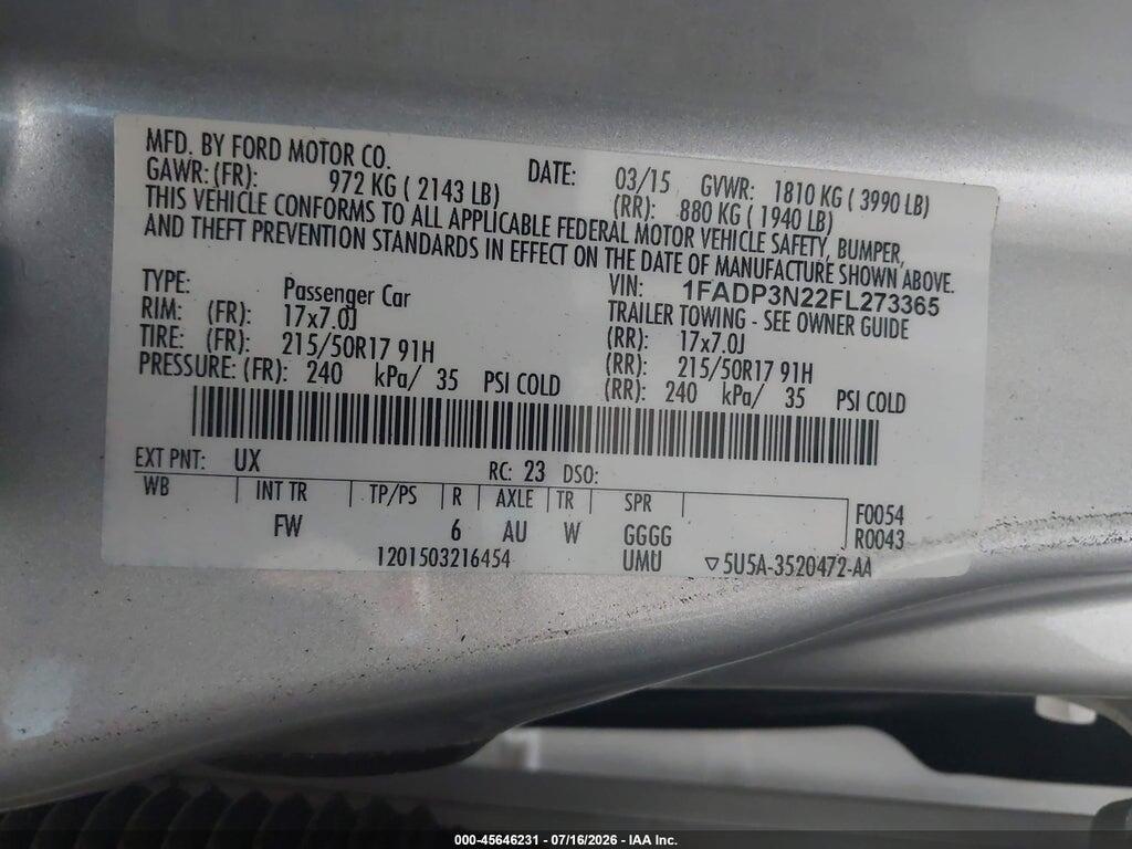 1FADP3N22FL273365 2015 FORD FOCUS photo no. 9