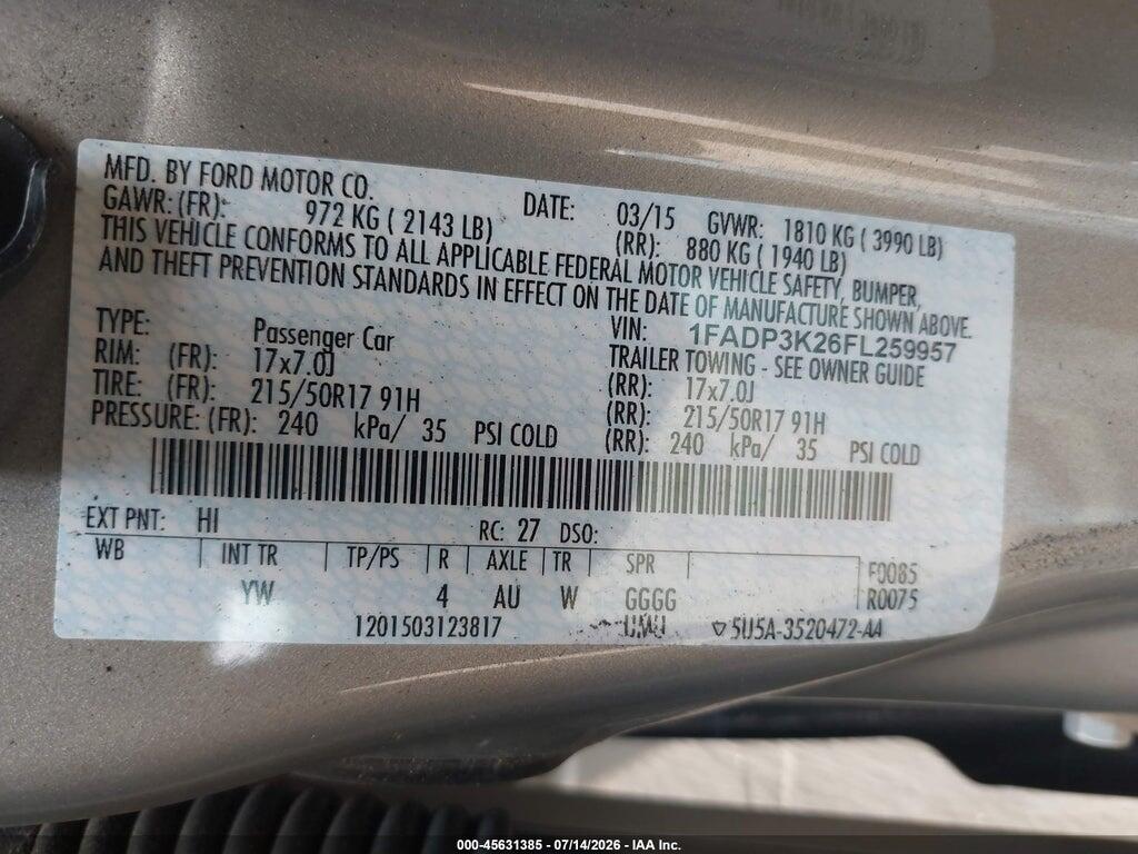 1FADP3K26FL259957 2015 FORD FOCUS photo no. 9
