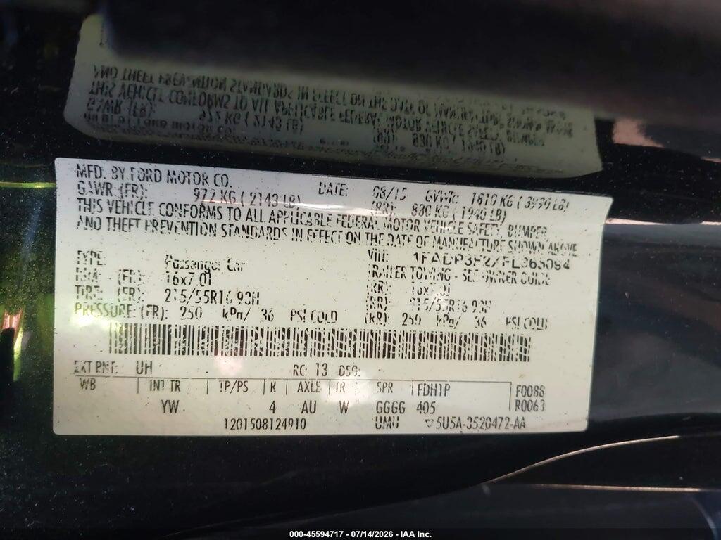 1FADP3F2XFL365094 2015 FORD FOCUS photo no. 9