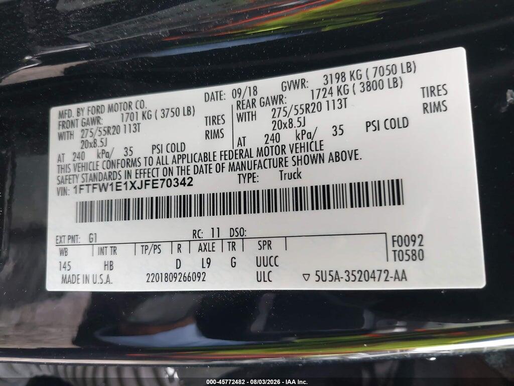 1FTFW1E1XJFE70342 2018 FORD F-150 photo no. 9
