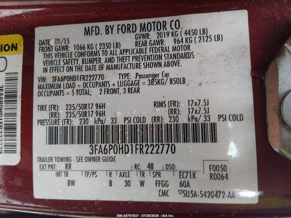 3FA6P0HD1FR222770 2015 FORD FUSION photo no. 9