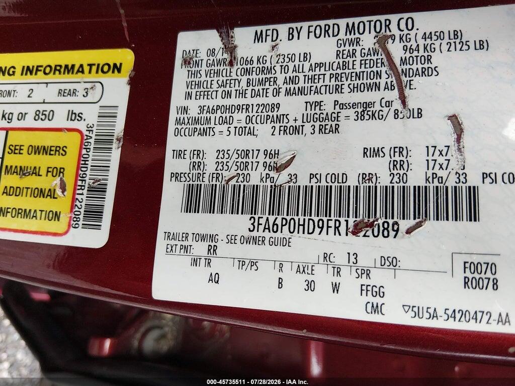 3FA6P0HD9FR122089 2015 FORD FUSION photo no. 9