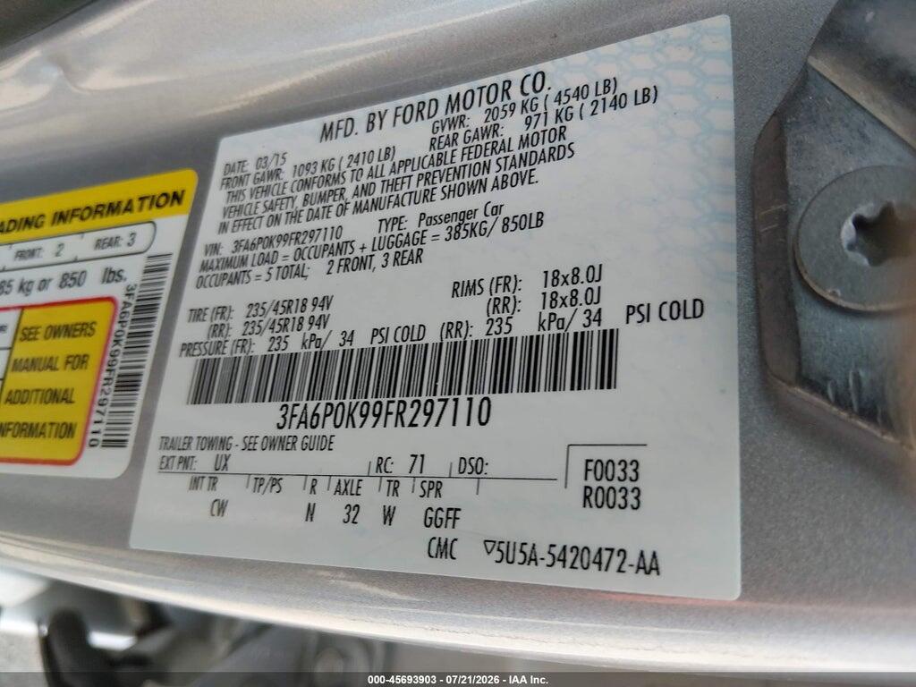 3FA6P0K99FR297110 2015 FORD FUSION photo no. 9