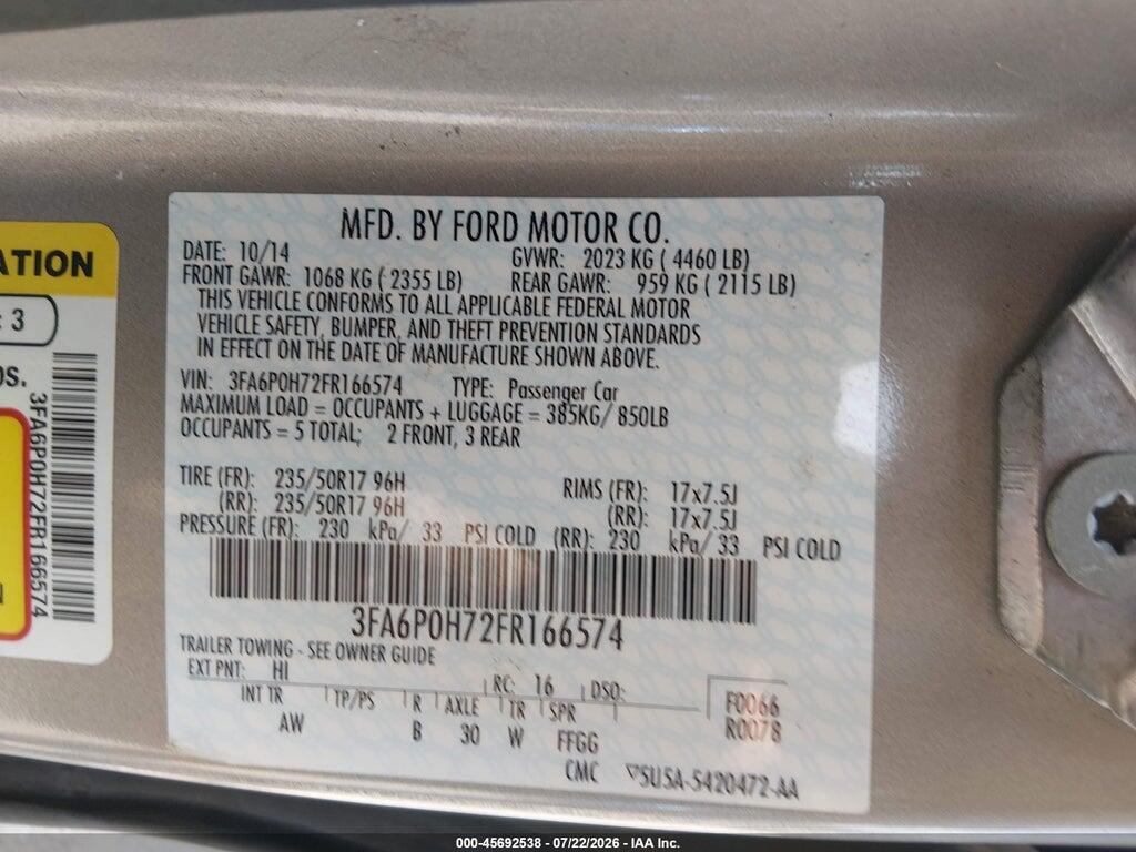 3FA6P0H72FR166574 2015 FORD FUSION photo no. 9