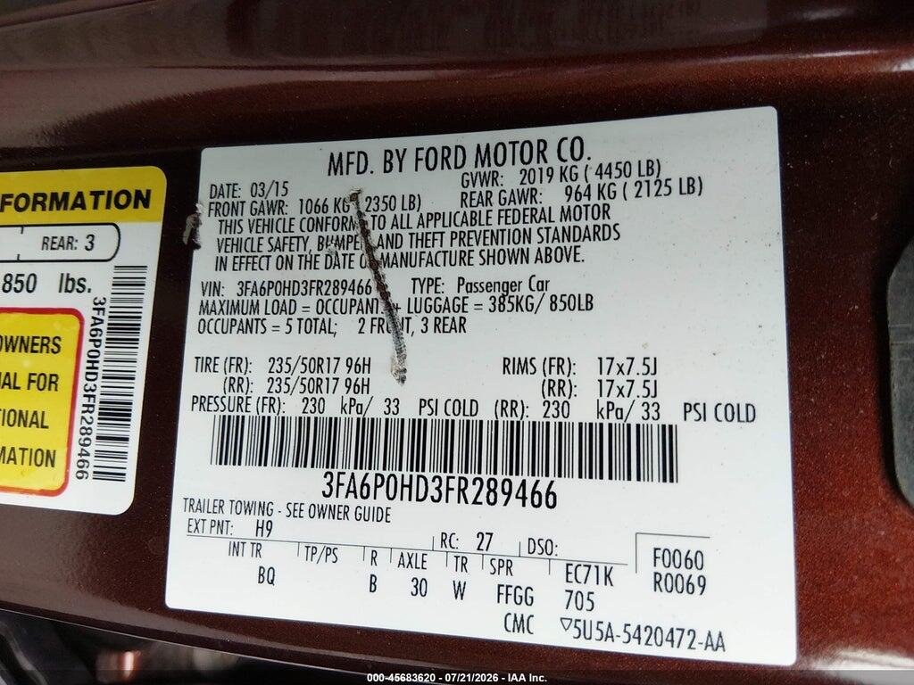 3FA6P0HD3FR289466 2015 FORD FUSION photo no. 9