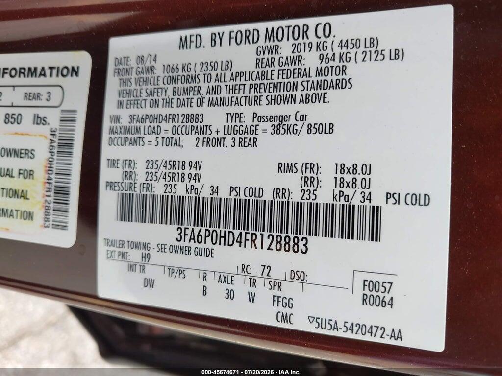 3FA6P0HD4FR128883 2015 FORD FUSION photo no. 9