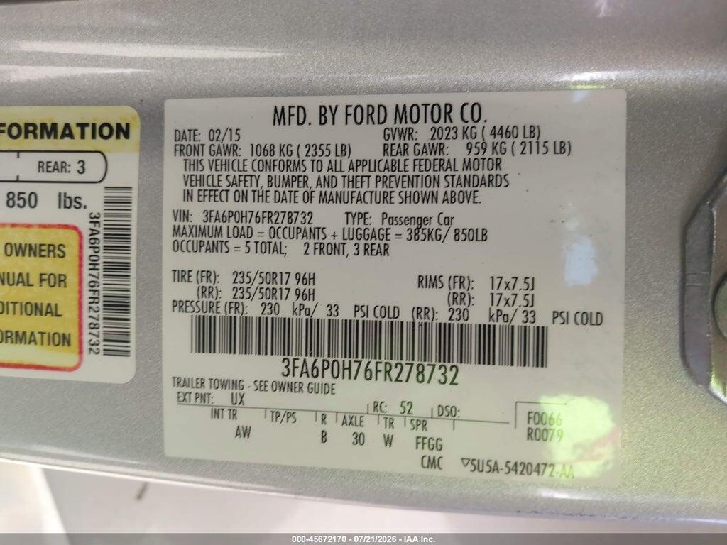 3FA6P0H76FR278732 2015 FORD FUSION photo no. 9