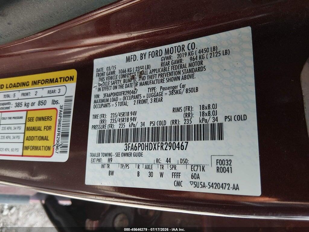 3FA6P0HDXFR290467 2015 FORD FUSION photo no. 9