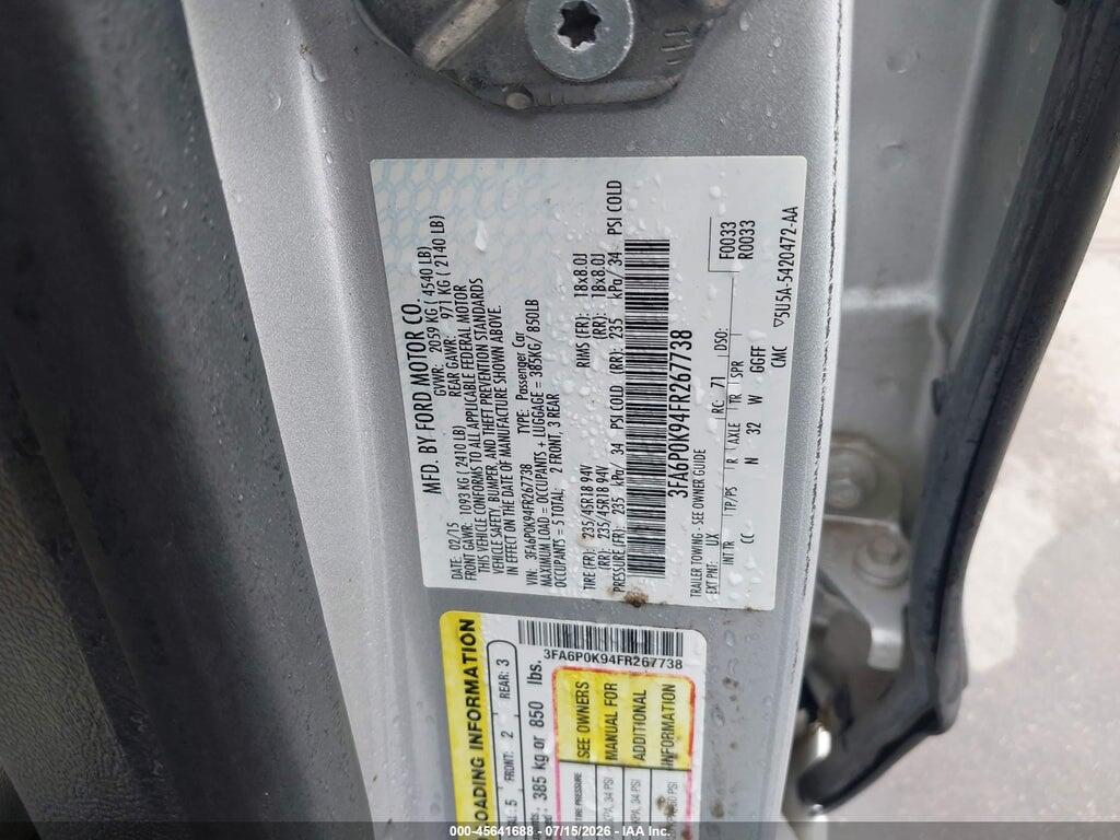 3FA6P0K94FR267738 2015 FORD FUSION photo no. 9