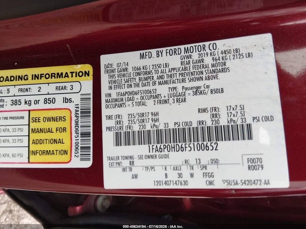 1FA6P0HD6F5100652 2015 FORD FUSION photo no. 9