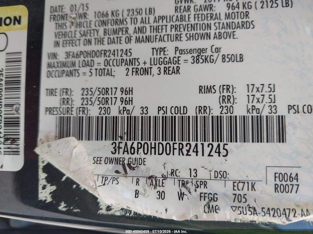 3FA6P0HD0FR241245 2015 FORD FUSION photo no. 9