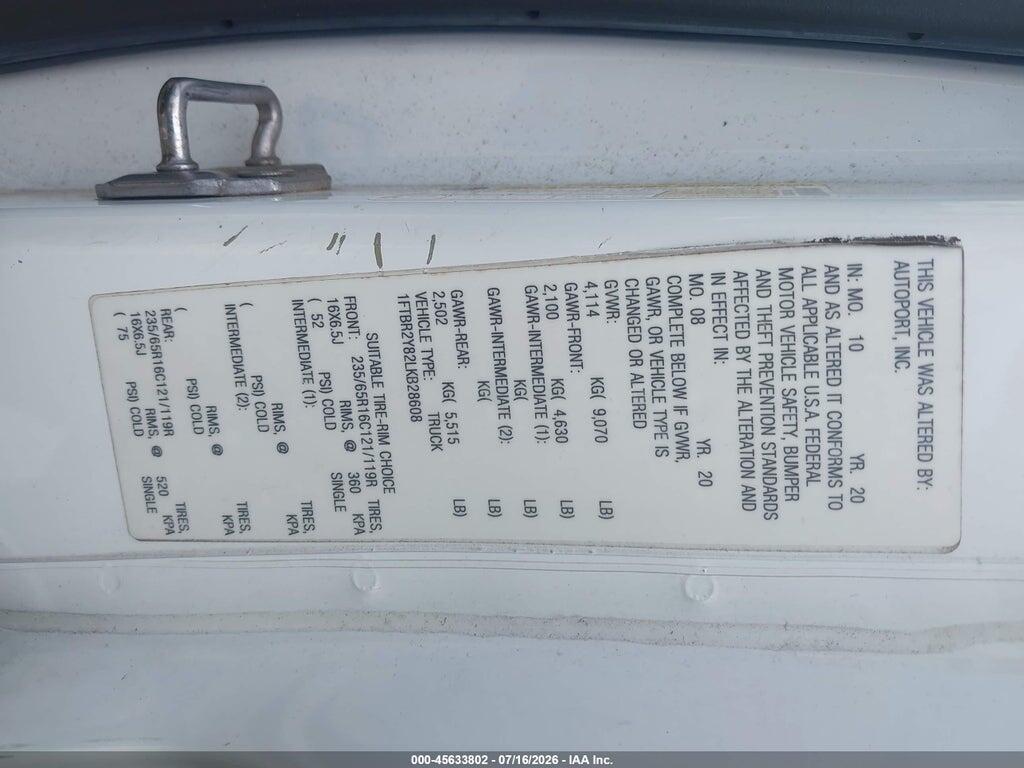 1FTBR2Y82LKB28608 2020 FORD TRANSIT-250 photo no. 9