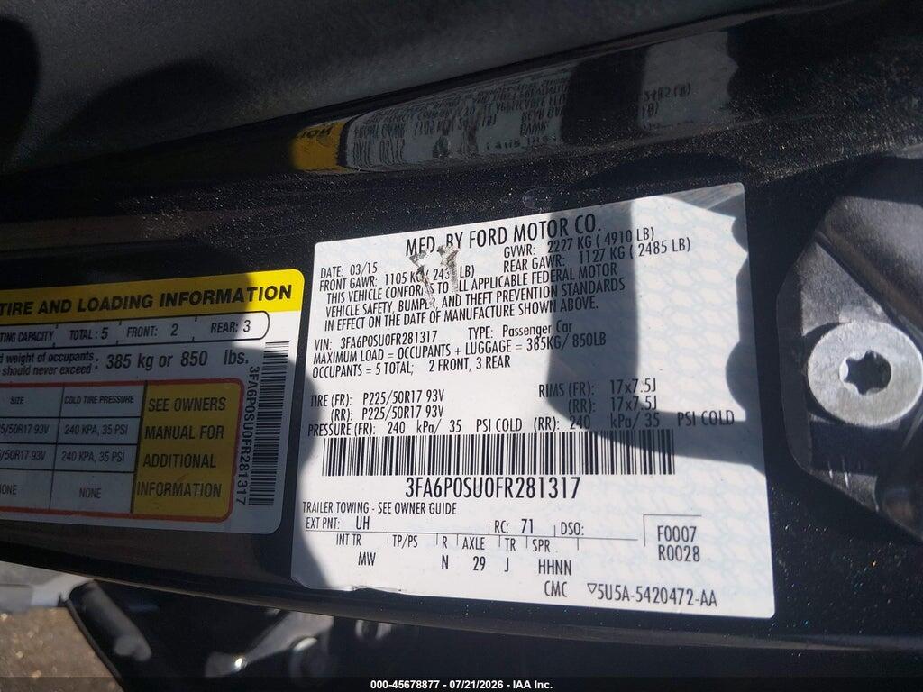 3FA6P0SU0FR281317 2015 FORD FUSION ENERGI photo no. 9