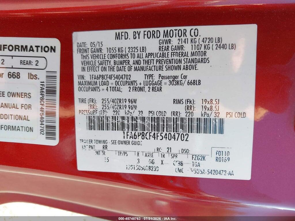 1FA6P8CF4F5404702 2015 FORD MUSTANG photo no. 9