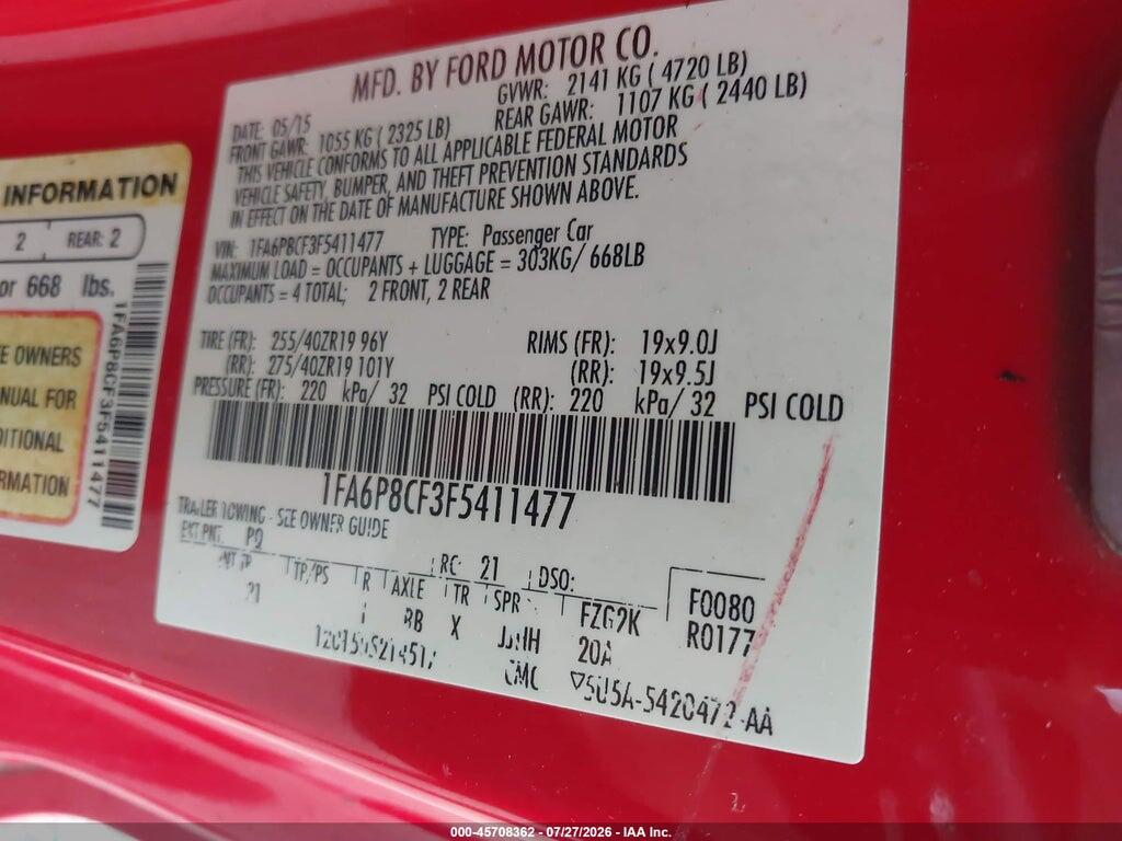 1FA6P8CF3F5411477 2015 FORD MUSTANG photo no. 9
