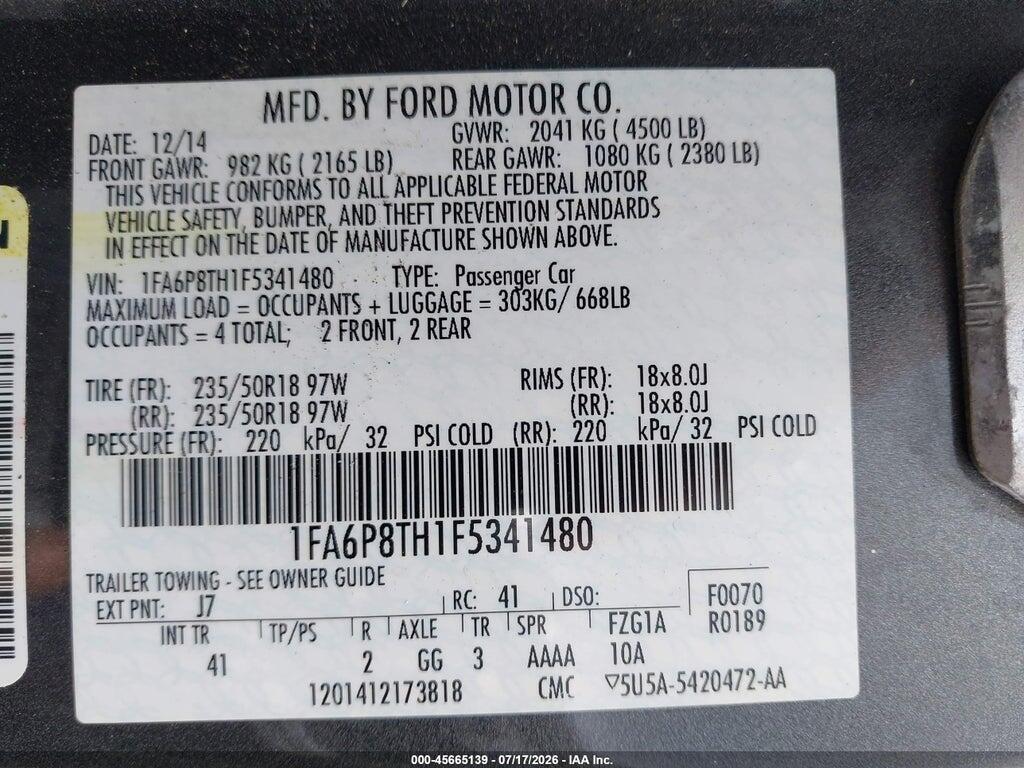 1FA6P8TH1F5341480 2015 FORD MUSTANG photo no. 9