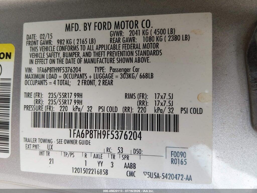 1FA6P8TH9F5376204 2015 FORD MUSTANG photo no. 9