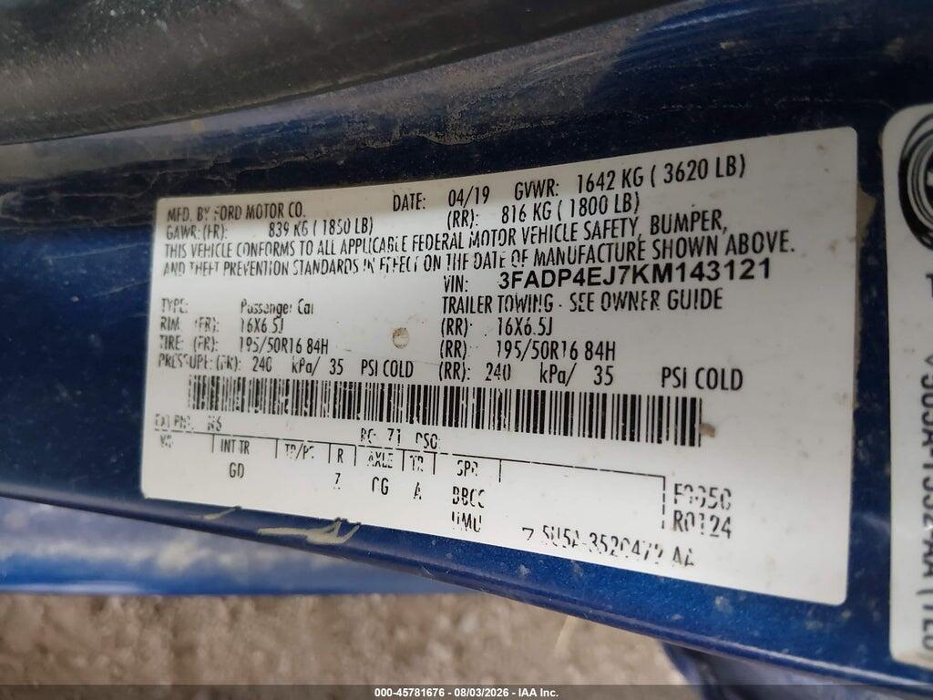 3FADP4EJ7KM143121 2019 FORD FIESTA photo no. 9