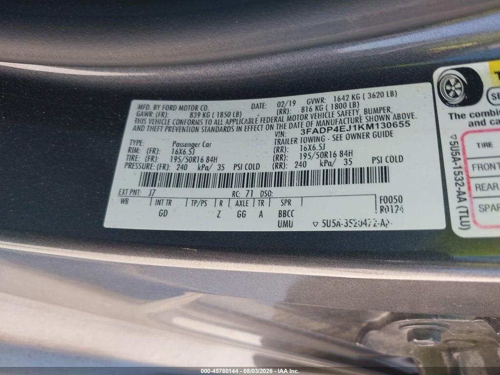 3FADP4EJ1KM130655 2019 FORD FIESTA photo no. 9