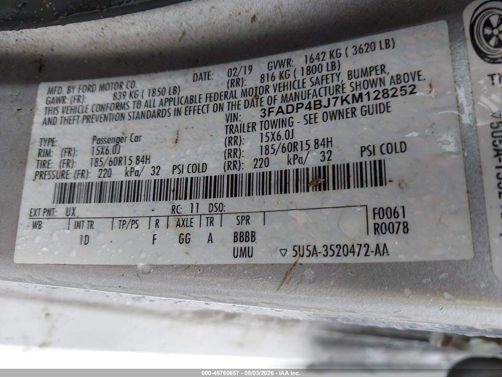 3FADP4BJ7KM128252 2019 FORD FIESTA photo no. 9