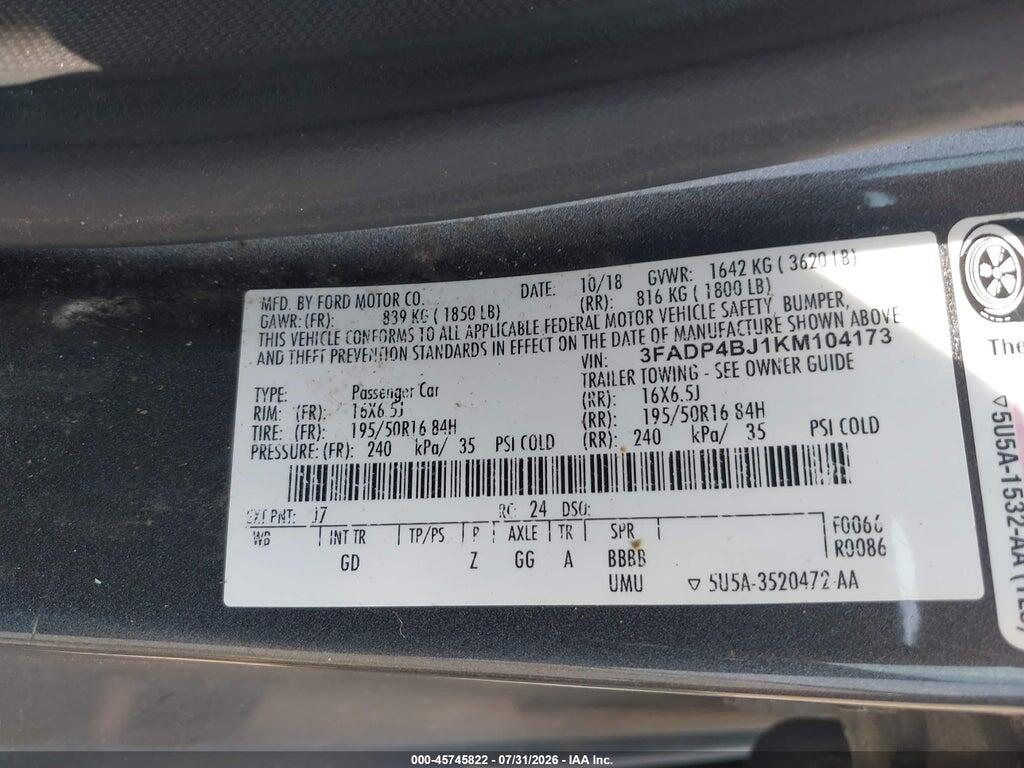 3FADP4BJ1KM104173 2019 FORD FIESTA photo no. 9