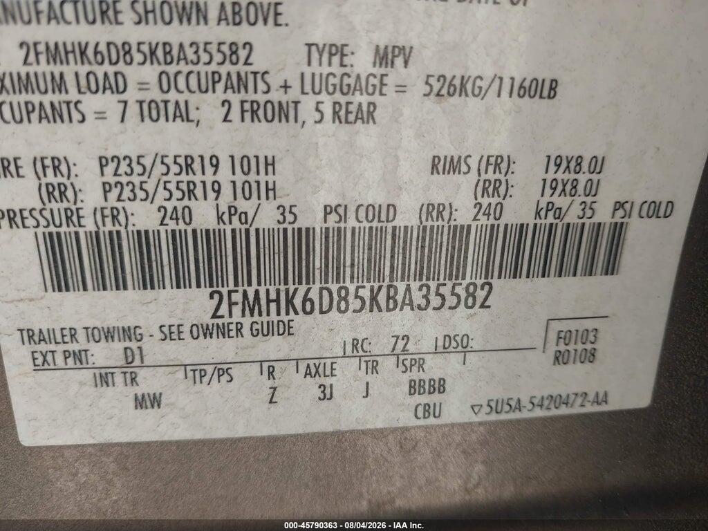 2FMHK6D85KBA35582 2019 FORD FLEX photo no. 9