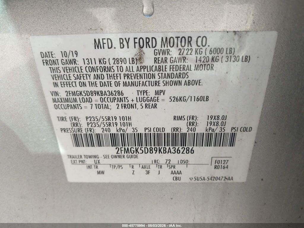 2FMGK5D89KBA36286 2019 FORD FLEX photo no. 9