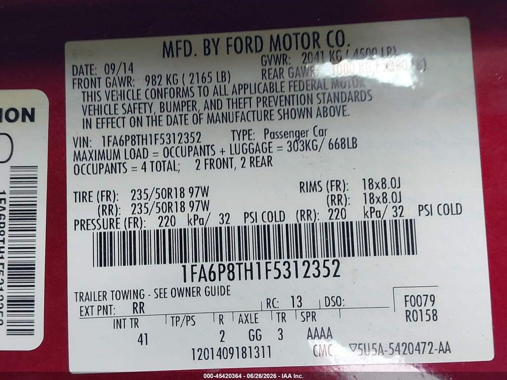 1FA6P8TH1F5312352 2015 FORD MUSTANG photo no. 9