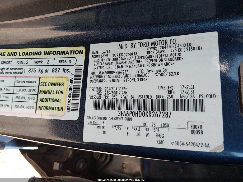 3FA6P0HD0KR267287 2019 FORD FUSION photo no. 9